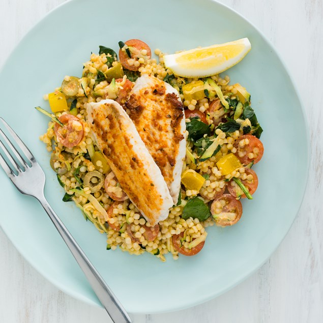 Mediterranean Fish with Pearl Couscous Salad