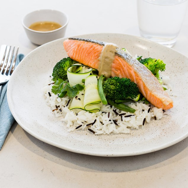 Crispy-Skinned Salmon with Sesame Broccoli and Tahini Dressing