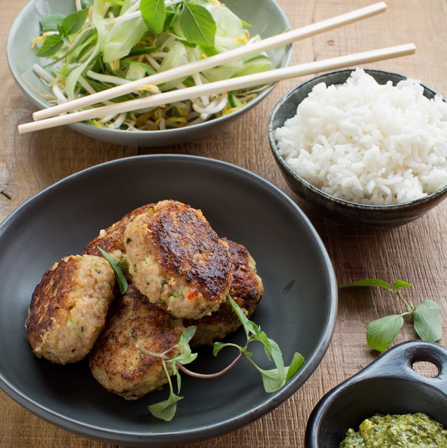 Thai Pork Patties, Rice, Cucumber Salad & Asian Pesto