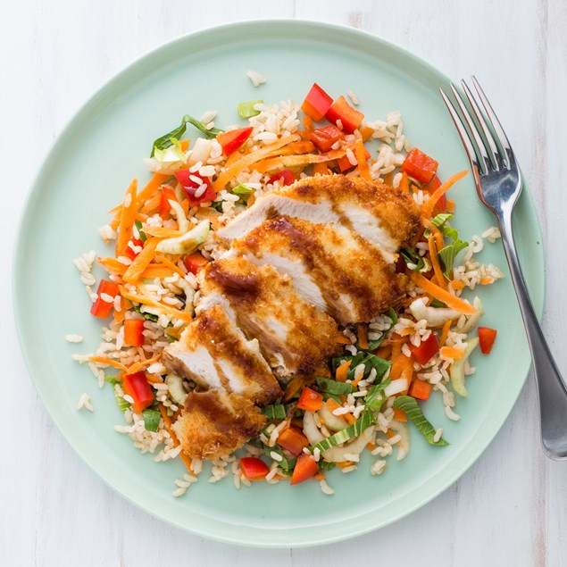 Chicken Katsu with Rice Salad and Japanese Sauce 