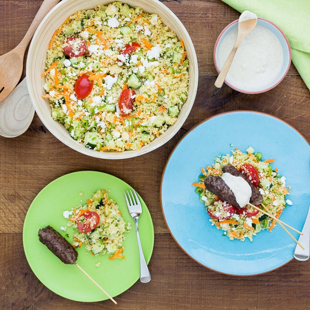 Lamb Kofta with Greek Couscous Salad and Lemon Hummus