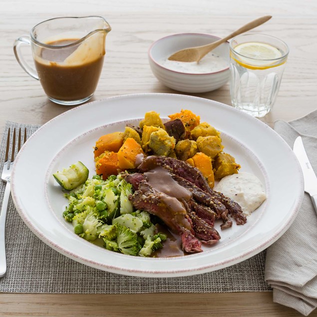 Mustard Roast Beef with Thyme Roasted Vegetables, Steamed Greens and Gravy