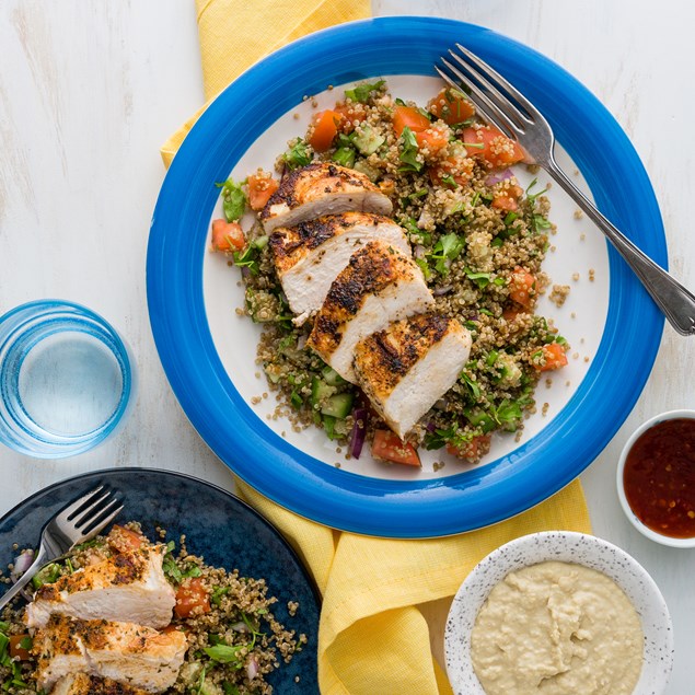 Middle Eastern Chicken with Tabbouleh, Minted Yoghurt & Hummus