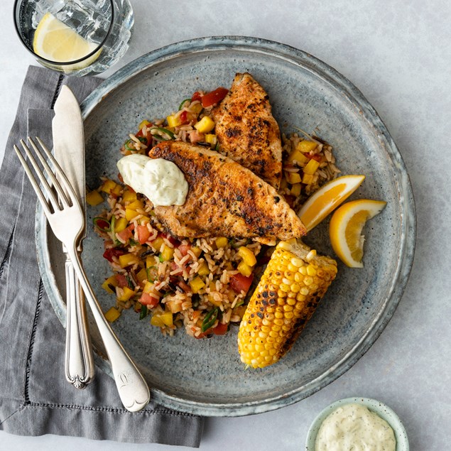 Creole Fish with Fresh Corn & Dill Cream