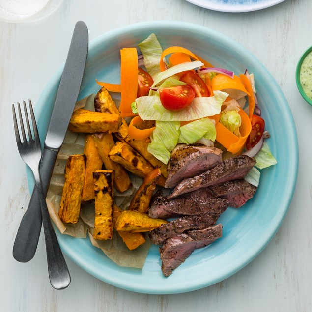 BBQ Lamb Steaks with Kumara Chips and Pesto Aioli