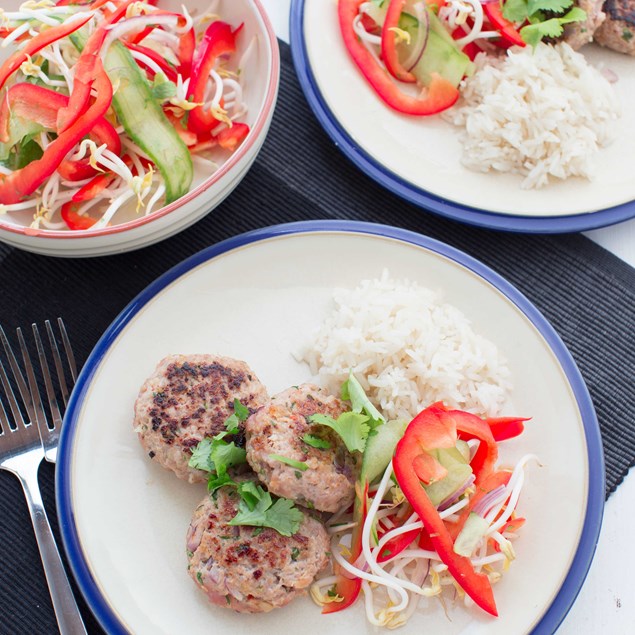 Thai Pork Patties with Coconut Rice and Cucumber Salad