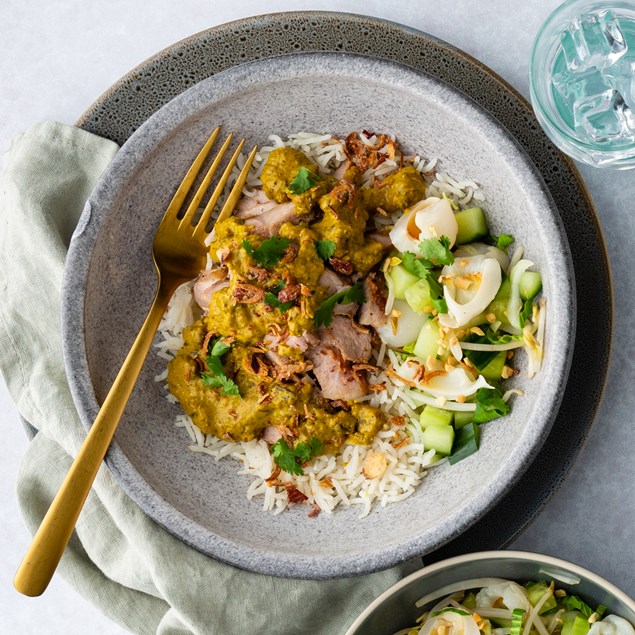 Coconut Curried Pork with Lychee Peanut Salad