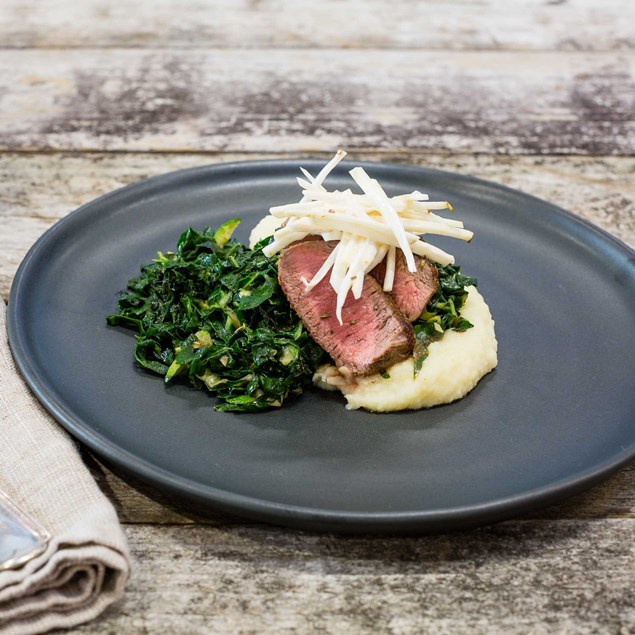 Lamb Loin with Celeriac Mash and Sautéed Silverbeet
