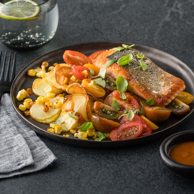 Bloody Mary Salted Salmon with Tomato Salad & Micro Basil