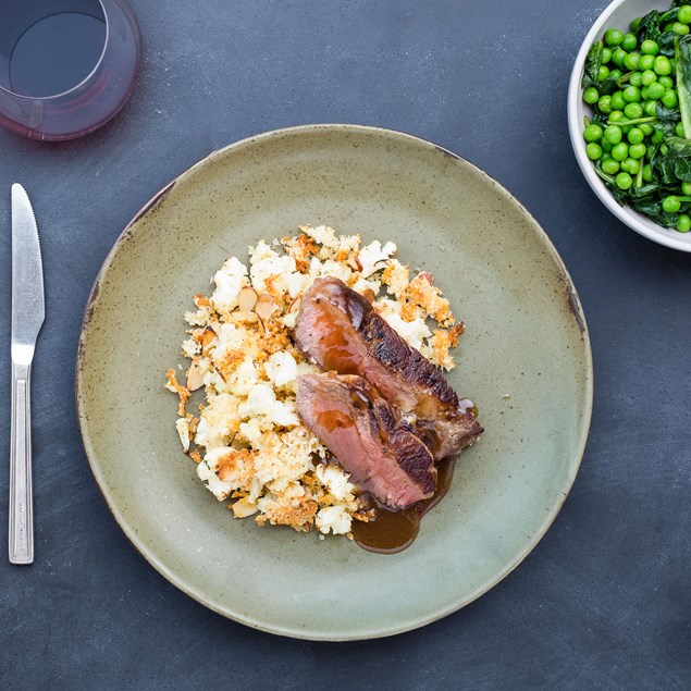 Beef Sirloin with Cauliflower Almond Crumble and Buttered Greens