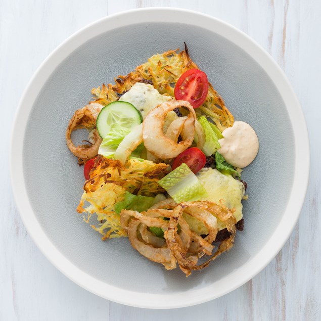 Cheesy Beef Burger Stack with Crunchy Potato Cakes and Onion Rings