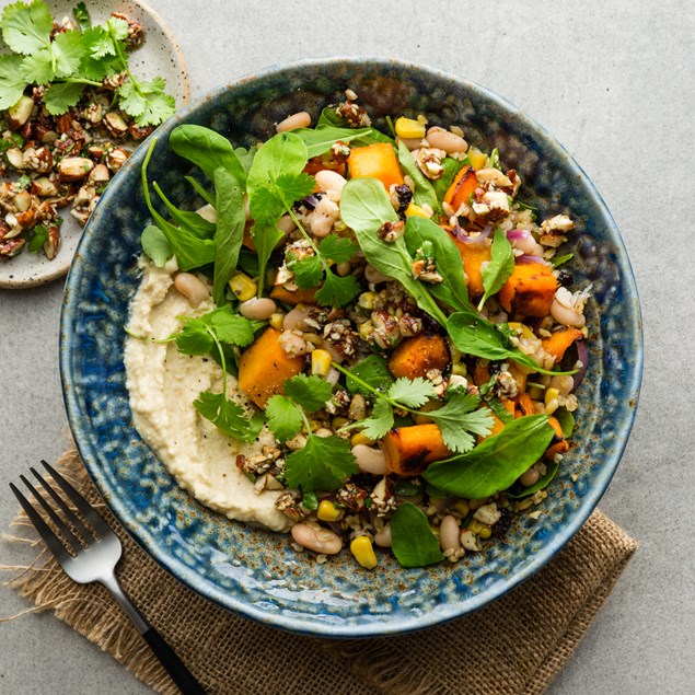 Maple Glazed Pumpkin & Corn Salad with Hummus & Za’atar Almonds