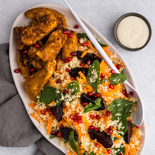 Lebanese Chicken with Couscous, Pomegranate & Toum