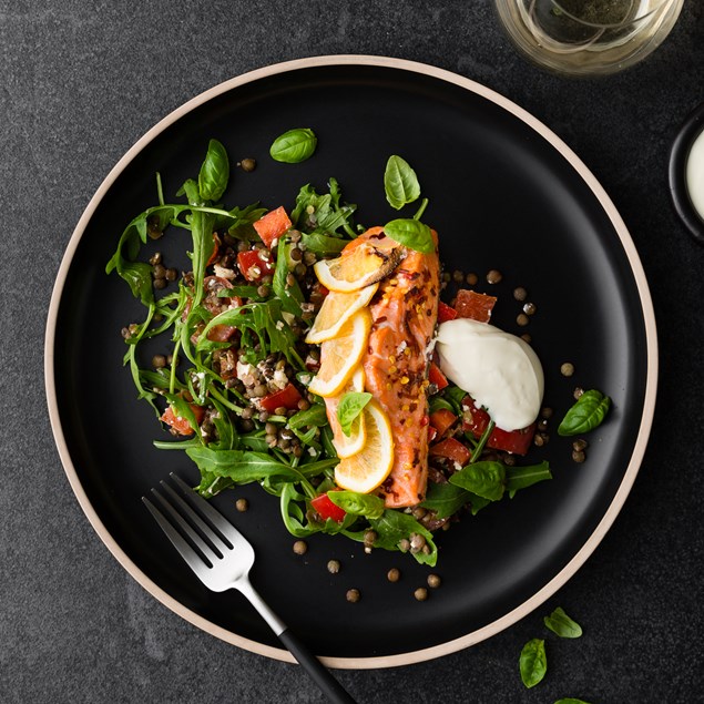 Lemon Roasted Salmon with Truffle Cream and Lentil Salad