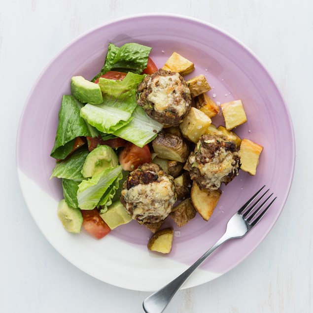Cheesy Beef Rissoles with Potato Bites and Avocado Salad