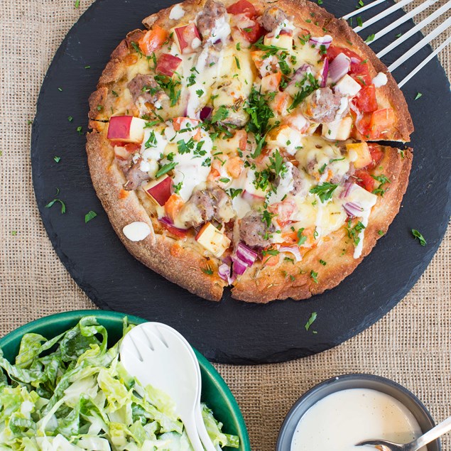 Cumberland Sausage and Apple Pizza with Honey Mustard Slaw