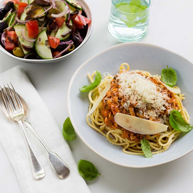 Tofu Bolognaise with Fresh Spaghetti and Greek Salad