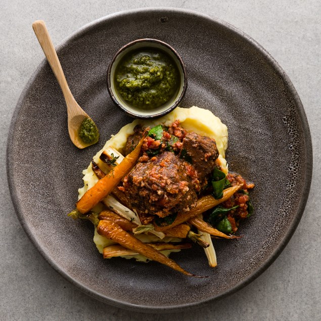 Braised Beef Cheek with Potato Purée and Salsa Verde