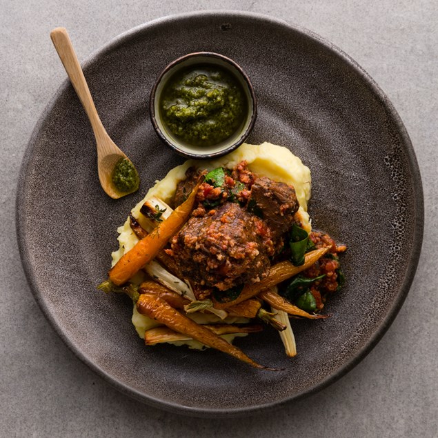 Braised Beef Cheek with Potato Purée and Salsa Verde