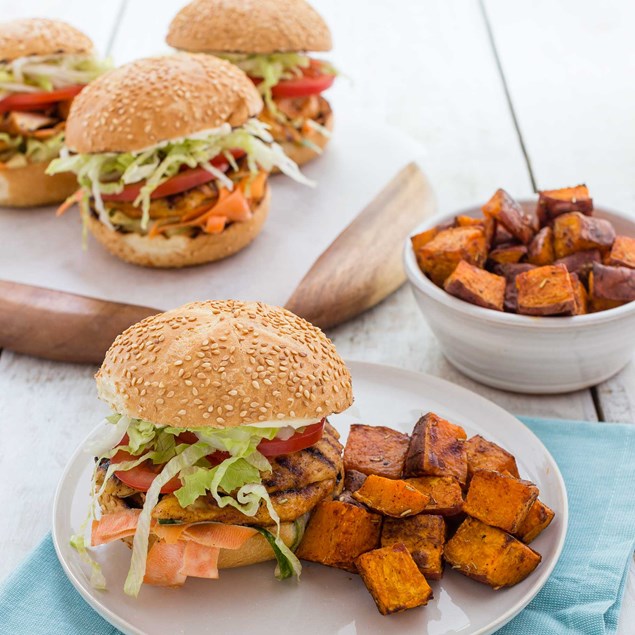 Cajun Chicken Burgers with Salad and Roasted Pumpkin