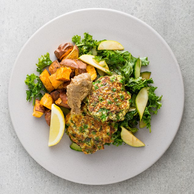 Kale, Pea, Ricotta and Super Seed Fritters with Baba Ganoush
