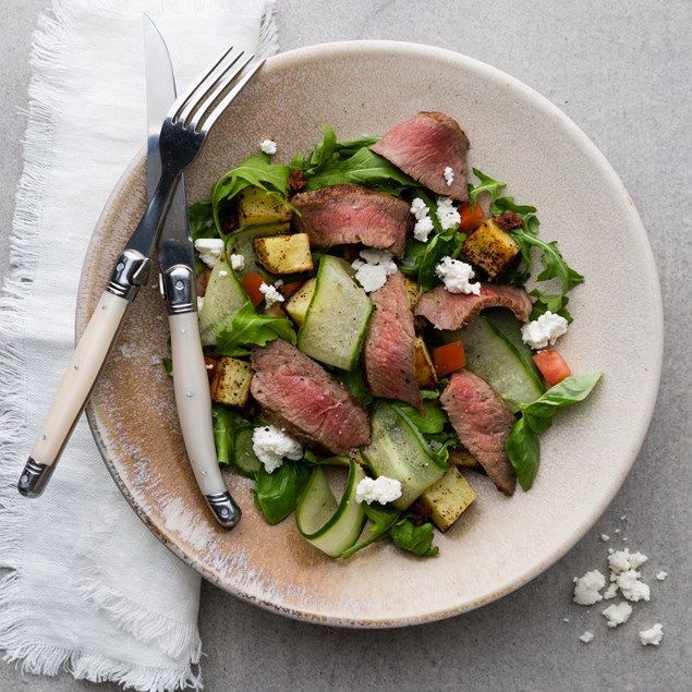 Beef Sirloin with Ricotta Salata and Roasted Red Pepper Tapenade