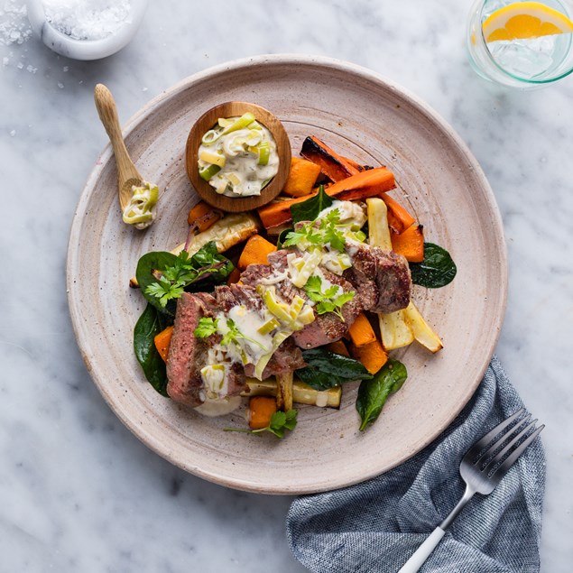 Beef Sirloin Steaks with Creamy Horseradish Leeks
