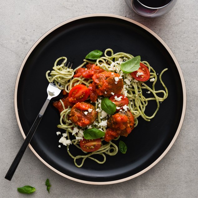 Beef and Venison Meatballs with Spinach Spaghetti