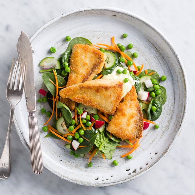 Katsu Fish with Miso Pea Salad and Wasabi Aioli