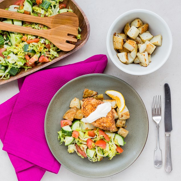 Tandoori Chicken Salad with Garlic Roasties and Lemon Mayo