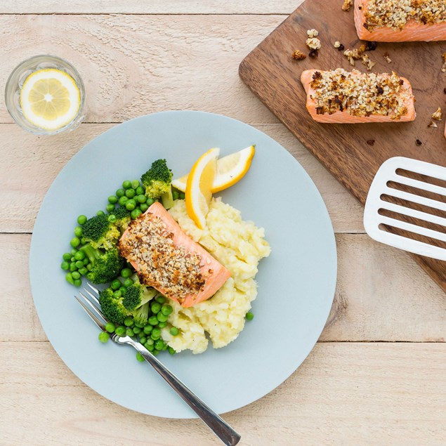 Almond Honey Baked Salmon with Potato Cauliflower Mash 