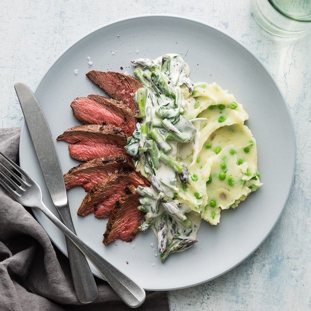 Beef Scotch Steaks with Mash and Creamy Asparagus