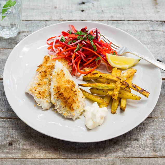 Lemon Panko Fish with Mixed Chips, Roast Garlic Aioli and Slaw