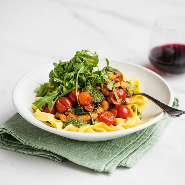 Chicken and Cherry Tomato Ragù with Saffron Pappardelle and Salsa Verde