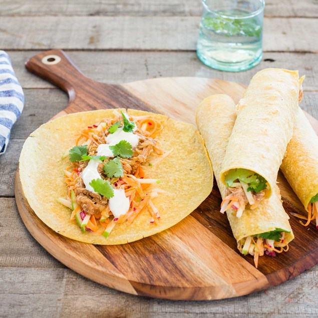 Hickory Pulled Pork Tacos with Radish Apple Slaw