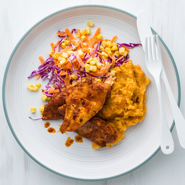 Mexican Fish with Kumara Mash and Chipotle Slaw