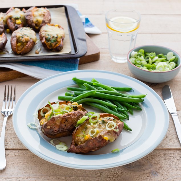 Chicken and Veggie Stuffed Kumara with Green Beans