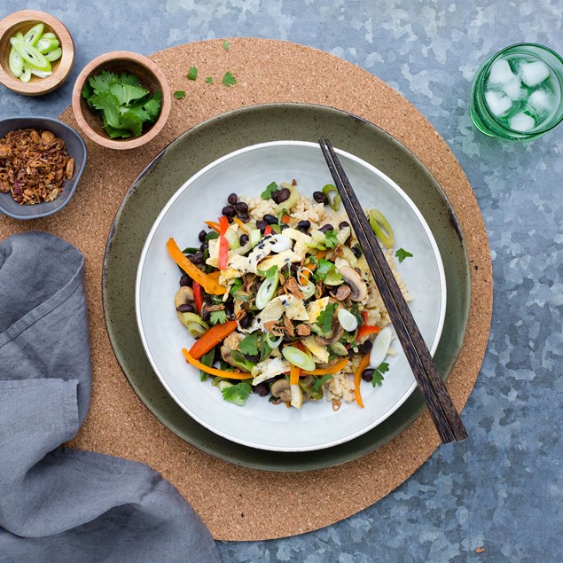 Miso Brown Rice with Black Bean Vegetable Stir-Fry