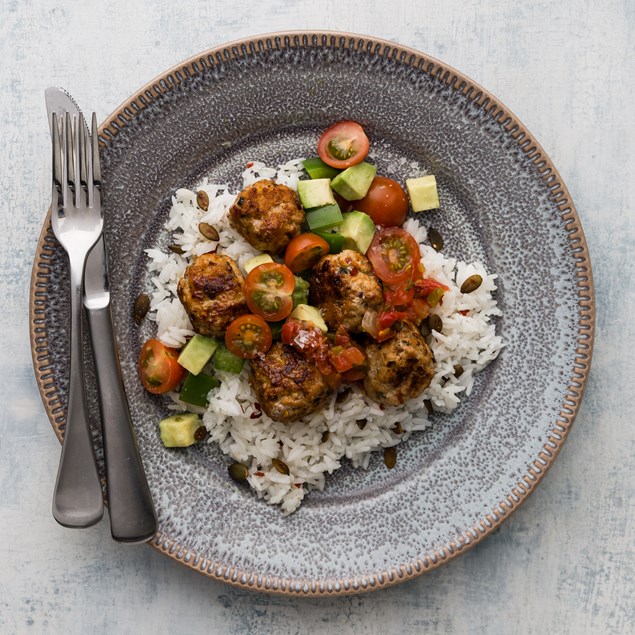Mexican Pork Balls with Pepita Rice and Avocado Salsa