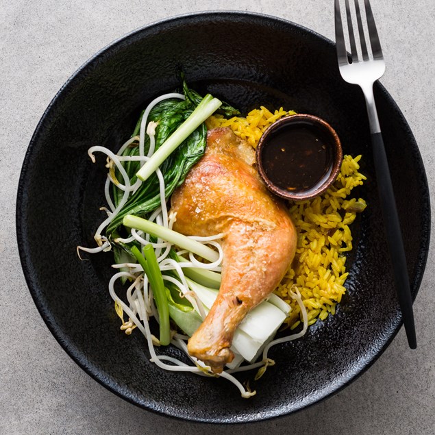 Confit Roast Chicken with Turmeric Rice and Asian Greens