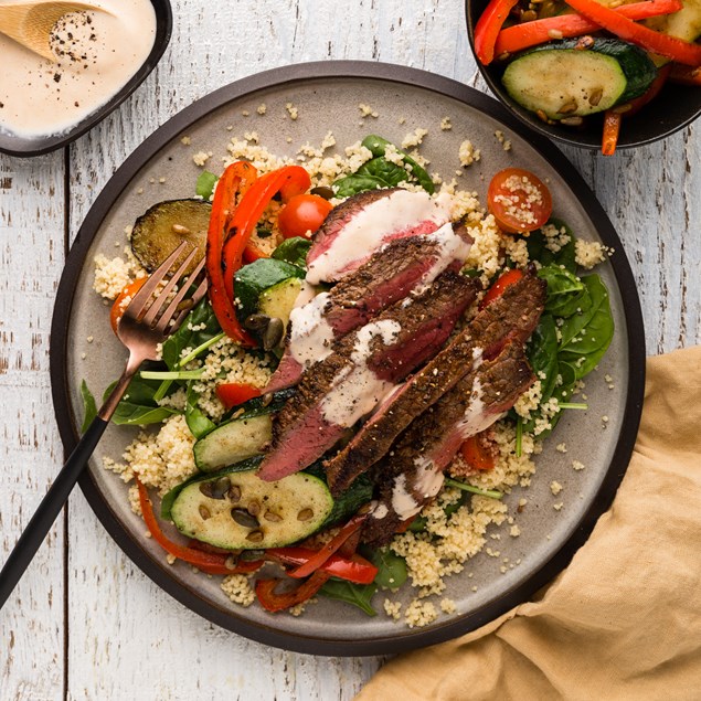 Beef Steaks with Grilled Veggies & Bloody Mary Salt