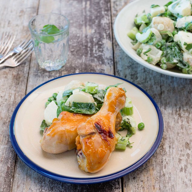 Spiced Mango and Apricot Chicken Drums with Warm Potato and Dijonaise Salad