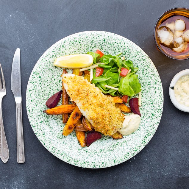 Lemon Pepper Fish with Veggie Chips and Salad