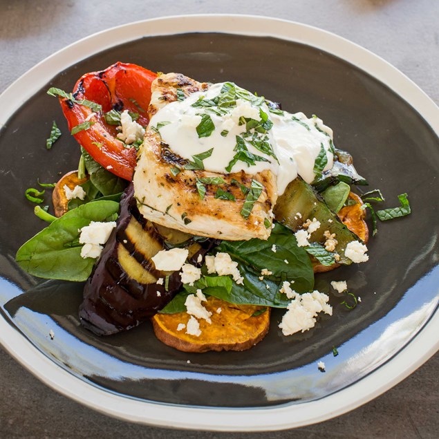 Grilled Chicken and Vegetable Stacks with Yoghurt Mint Dressing