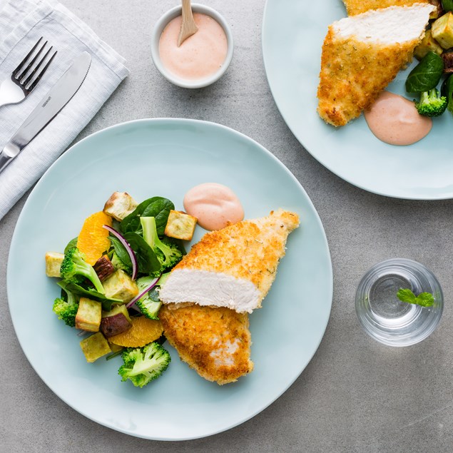 Crumbed Chicken with Kumara, Orange and Broccoli Salad