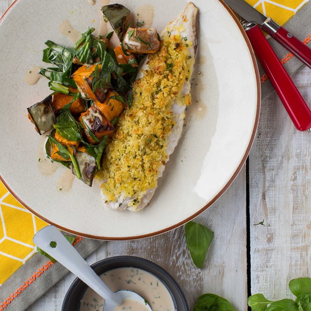 Orange-Crusted Fish with Roast Vegetable Salad and Dressing