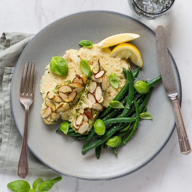 Almond Fish with Greek Pesto & Cauliflower Skordalia