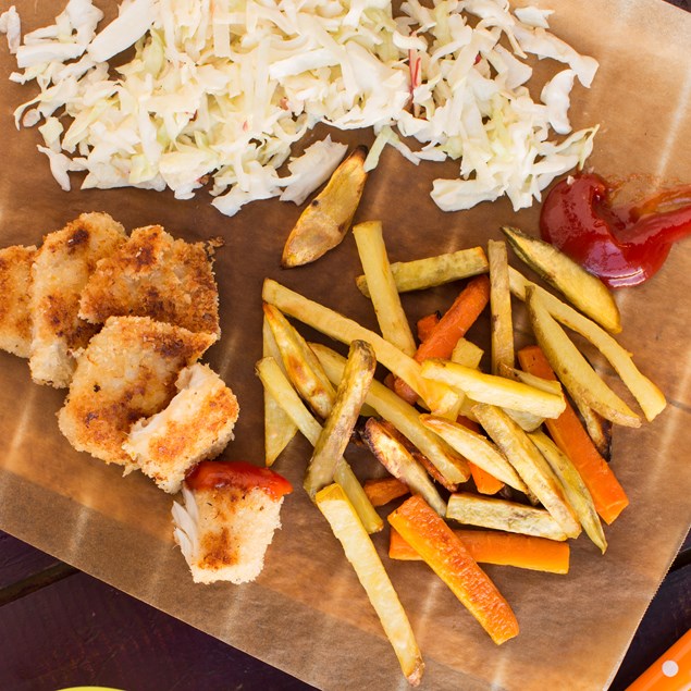 Crunchy Lemon Fish Nuggets with Slaw and Veggie Fries
