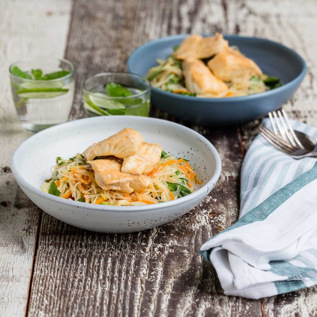 Thai Red Fish Curry with Vermicelli and Vegetable Stir-Fry