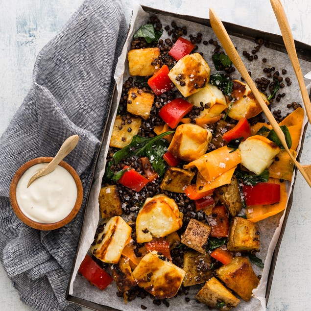 Halloumi & Roasted Kumara Salad with Beluga Lentils and Aioli